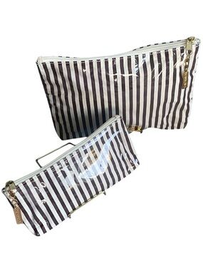 Henri Bendel Centennial Stripe Cosmetic Bag Set RARE gold tone logo zipper pull